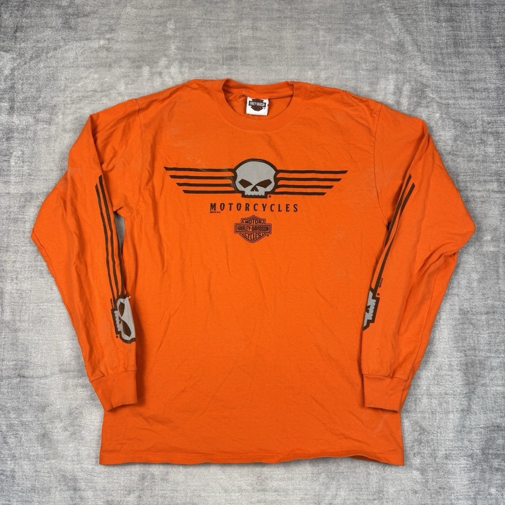 Harley Davidson Shirt Mens Medium Orange Long Sleeve Double Sided Willie G Skull